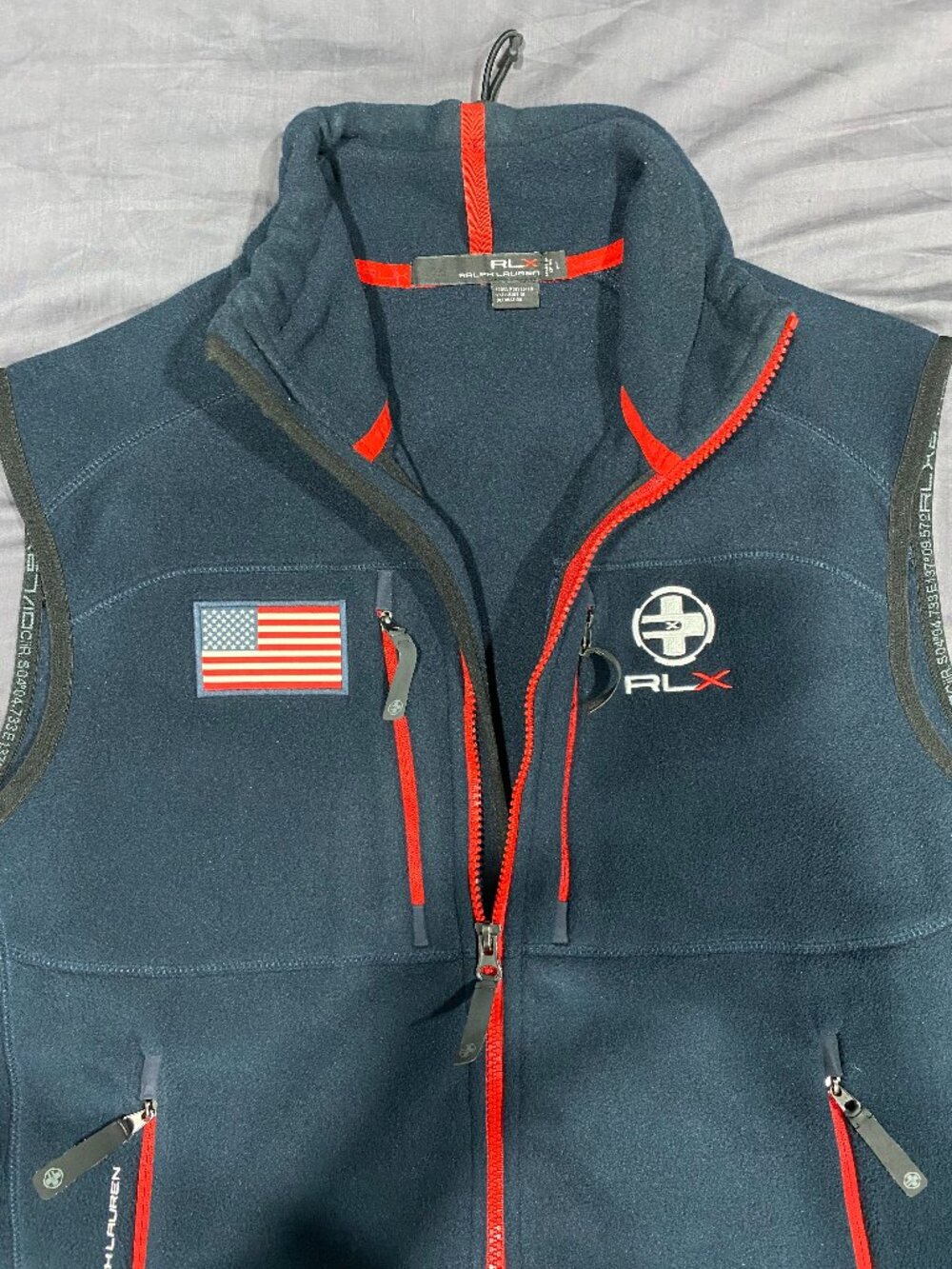 RLX By Ralph Lauren USA FLAG Navy blue full-zip fleece vest. Size L
